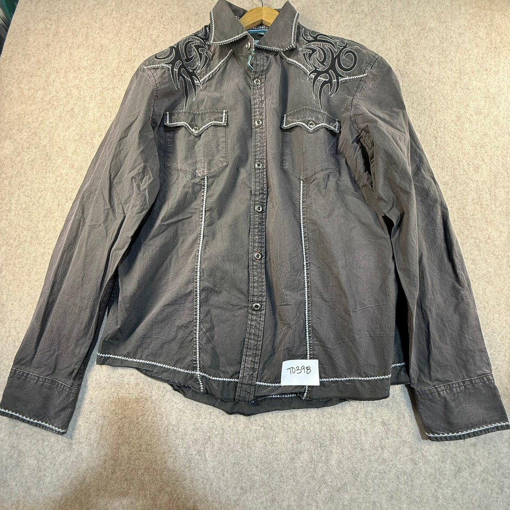 House of Lords Mens XL Charcoal Grey Tribal Embroidered Western Button‎ Up Shirt